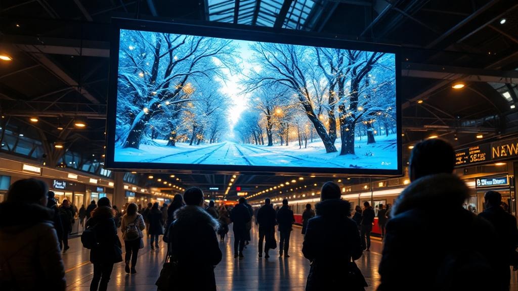 Editorial photograph styled as a warm, slightly surreal digital art installation: a large public screen mounted inside a European train station concourse, possibly Brussels Midi or St Pancras Internat