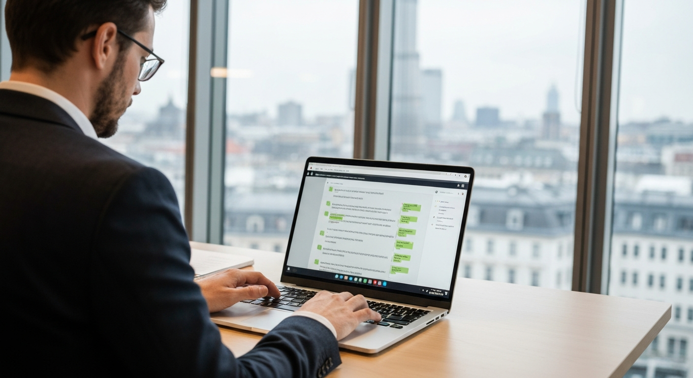 An over-the-shoulder photograph of a professional at a standing desk in a modern open-plan office, reviewing a laptop screen displaying a long ChatGPT conversation thread with highlighted text blocks.