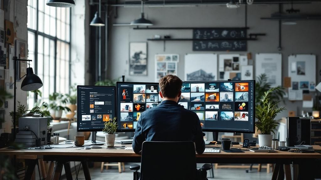 A wide-angle editorial photograph taken inside a contemporary European creative studio, likely Berlin or Amsterdam, showing a designer working at a large colour-calibrated monitor displaying a grid of