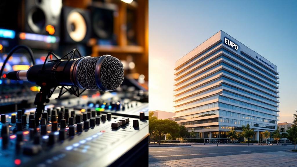 A split editorial photograph: on the left, a close-up of professional studio recording equipment including a high-end condenser microphone and mixing board, softly lit in a European broadcast studio; 