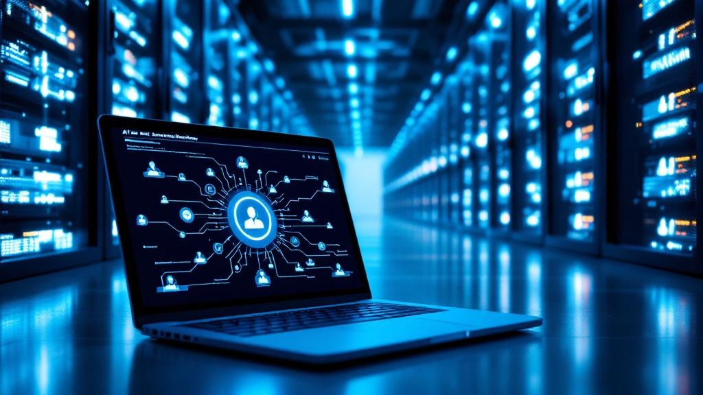 A wide-angle editorial photograph taken inside a modern European data centre, rows of illuminated server racks receding into the distance under cool blue and white lighting, shot from a low angle to e