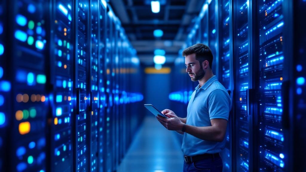 Editorial photograph of a European enterprise data centre interior: rows of server racks with blue and white indicator lights, a single technician in a polo shirt reviewing a tablet. Clean, cool-toned