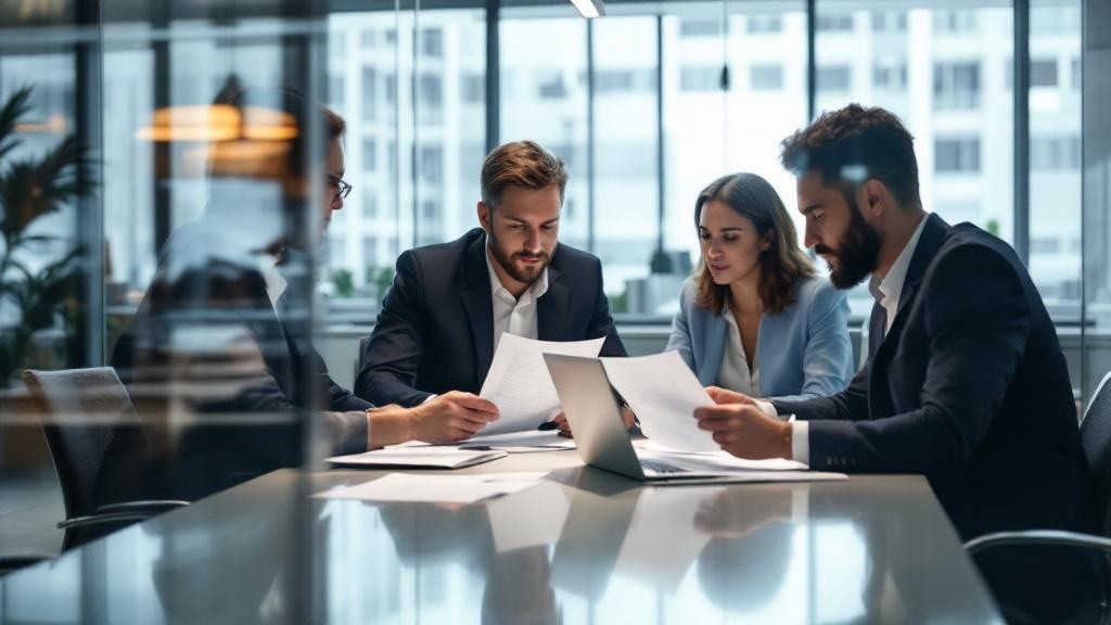 Editorial photograph of a formal business meeting in a glass-walled conference room in a European financial district office building. Four professionals, mixed gender, reviewing printed documents and 