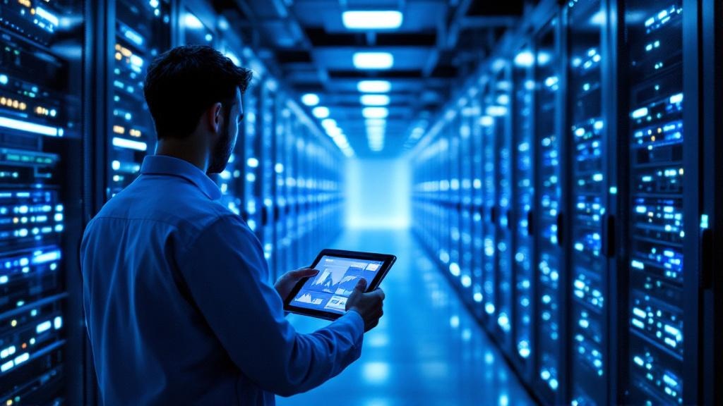 A wide editorial photograph taken inside a European data centre facility, rows of illuminated server racks receding into the background under cool blue lighting, with a single technician in the foregr