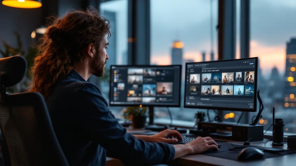 A creative professional seated at a dual-monitor workstation inside a modern open-plan studio, reviewing a grid of AI-generated campaign images on screen. The environment is contemporary and European 