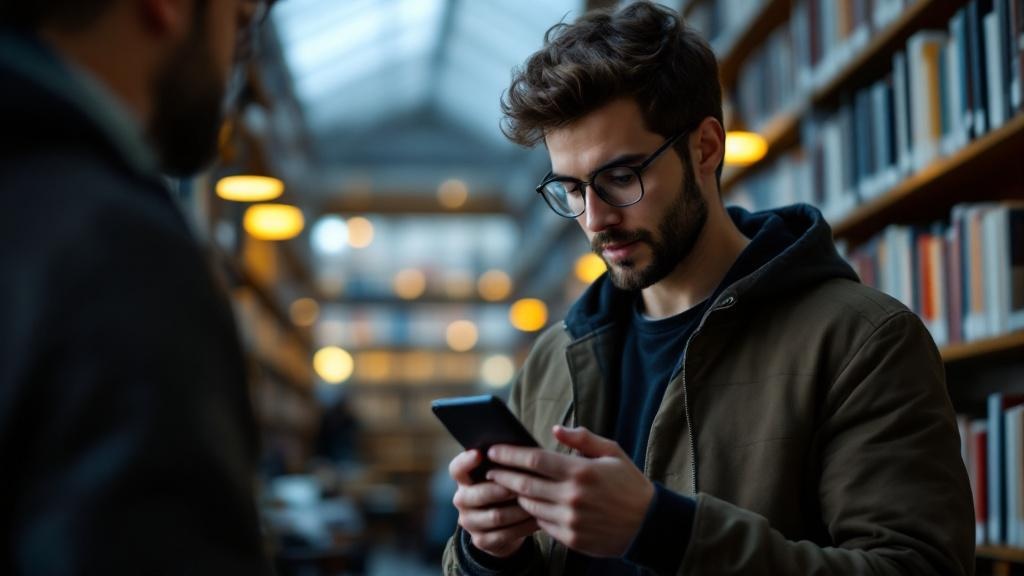 Editorial photograph taken inside a modern European university library, such as one at ETH Zurich or the Sorbonne in Paris, showing a student or researcher using an Android smartphone to review AI-gen