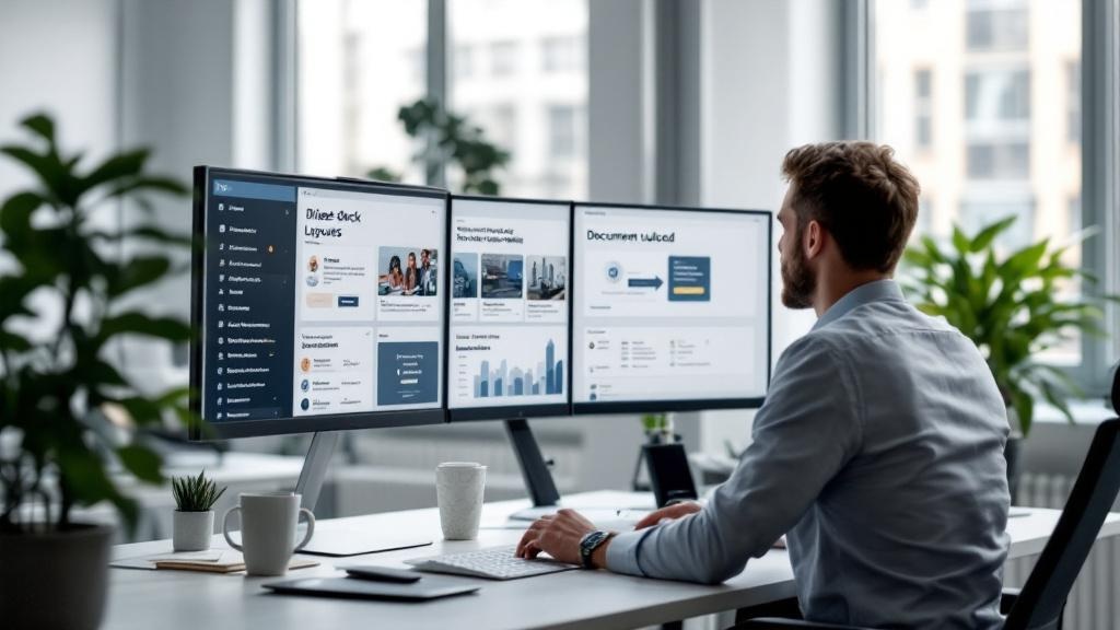 A clean, wide-angle photograph taken inside a contemporary European office environment, such as a Zurich co-working space or a Brussels innovation hub, showing a professional working at a dual-monitor