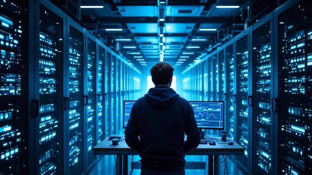 A wide-angle interior shot of a European high-performance computing facility, rows of GPU server racks with blue indicator lights stretching into the distance, a researcher in a dark fleece standing a