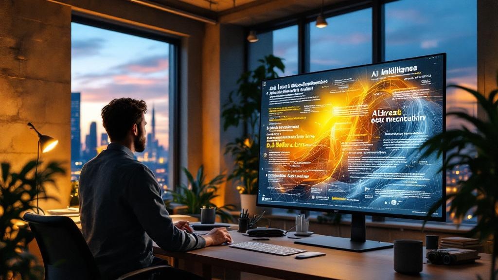A wide-angle editorial photograph taken inside a contemporary European creative agency studio, likely London or Berlin, showing a designer reviewing a large monitor displaying a multilingual AI-genera