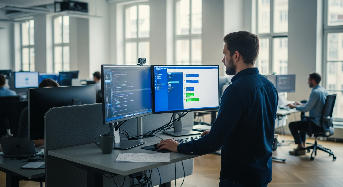 A wide-angle editorial photograph taken inside a contemporary European open-plan office, showing a professional at a standing desk reviewing a laptop screen displaying a chat interface with structured
