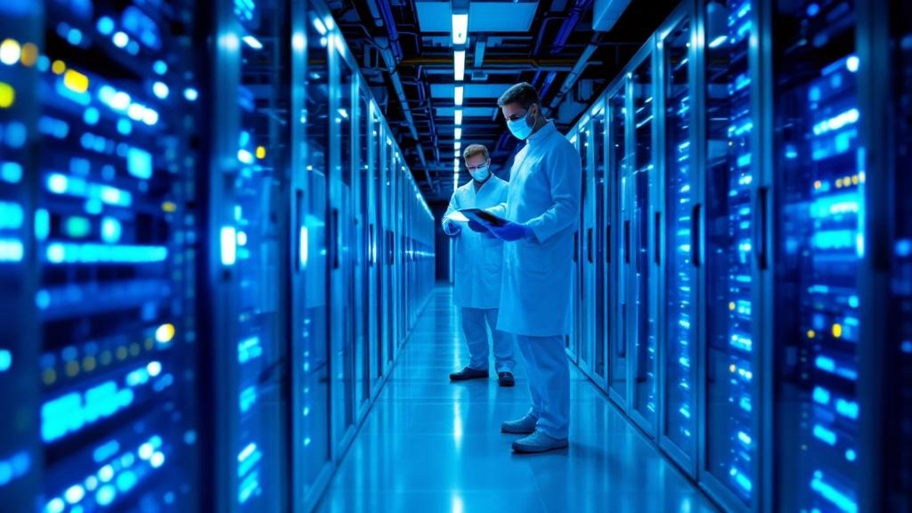 An editorial photograph of a data centre corridor at a European technology facility, styled to resemble the clean-room aesthetic of an ASML facility or a major cloud provider's EU hub. A technician in
