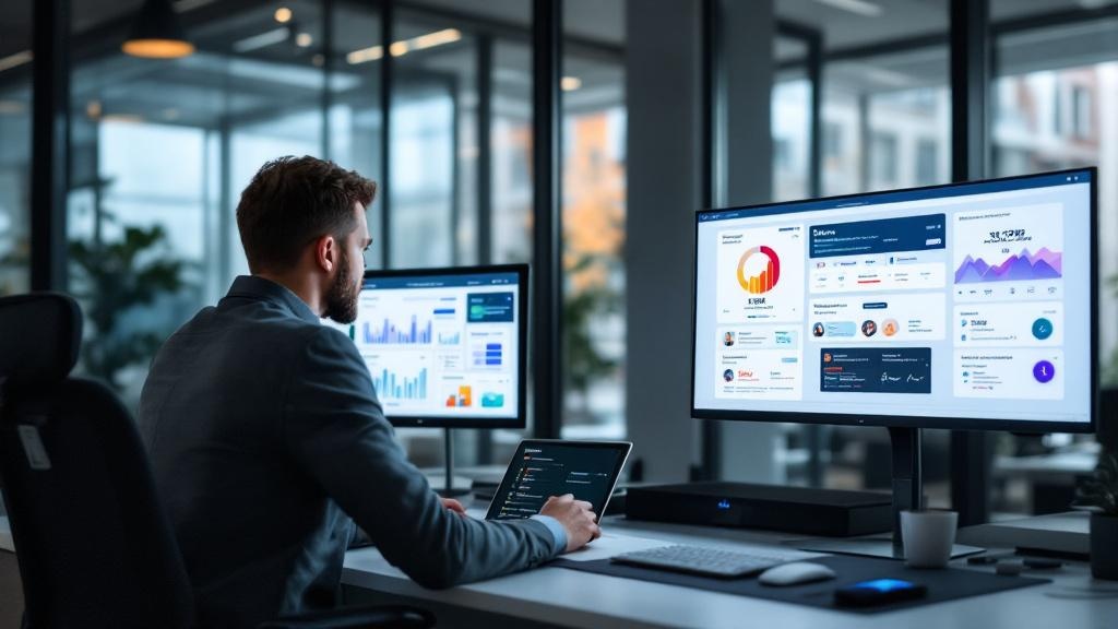 A wide-angle editorial photograph taken inside a modern European tech office, possibly in Paris or Berlin, showing a professional at a laptop with a ChatGPT interface visible on screen. A second monit