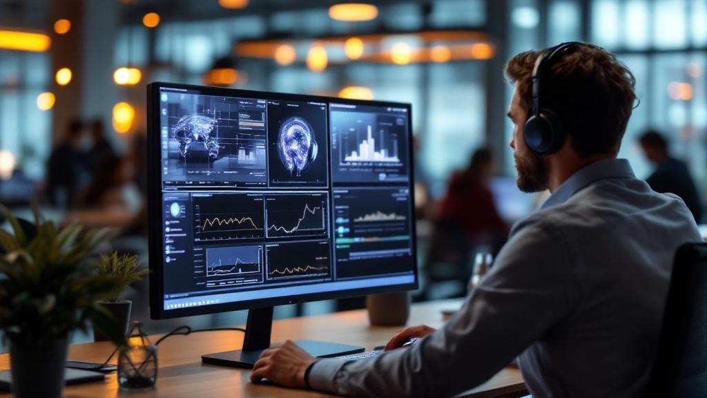 Editorial photograph taken inside a contemporary European technology workspace, such as a open-plan office at a Berlin or Paris AI company, showing a professional reviewing a split-screen interface co