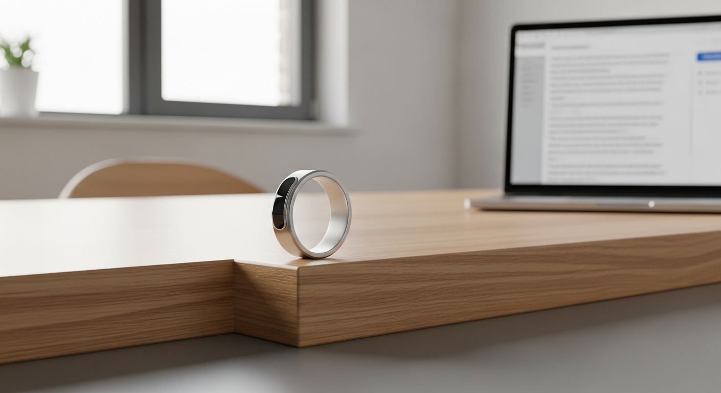 A close-up product photograph of a minimalist stainless steel smart ring resting on a wooden desk beside a smartphone displaying a transcription interface, shot in soft natural light inside a modern E