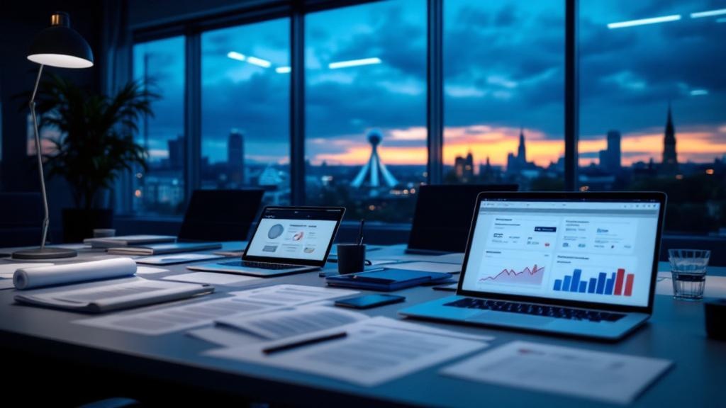 Editorial photograph inside a modern European regulatory office, desks spread with printed policy documents and open laptops displaying e-commerce dashboards, a large window in the background overlook