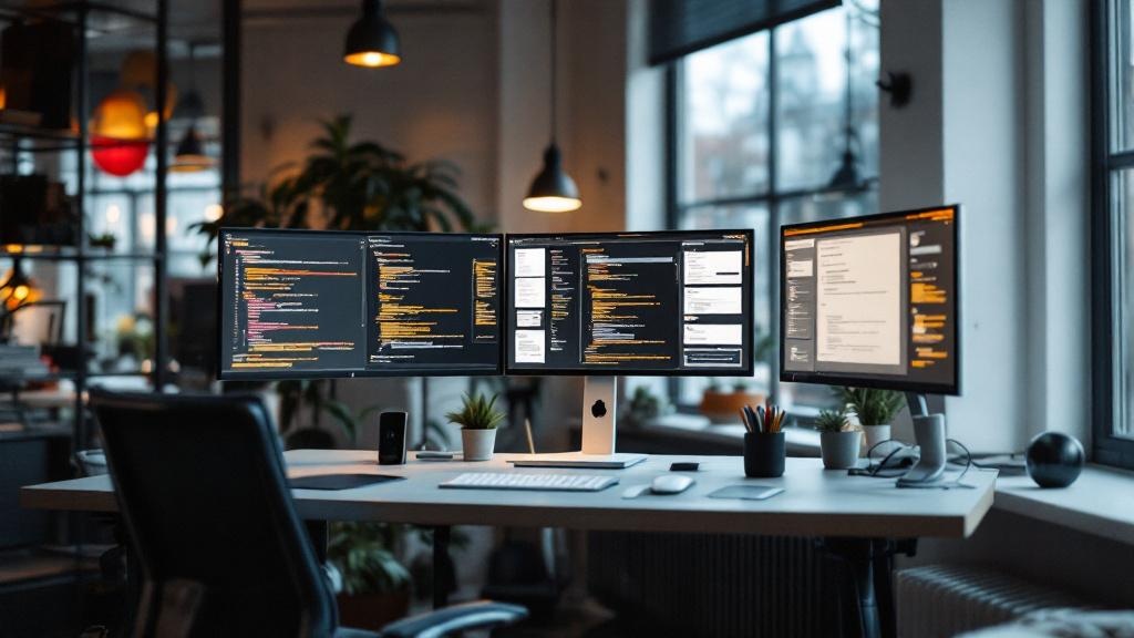A wide-angle editorial photograph taken inside a contemporary European technology workspace, likely Berlin or Amsterdam, showing a Mac Mini on a minimalist standing desk surrounded by multiple monitor