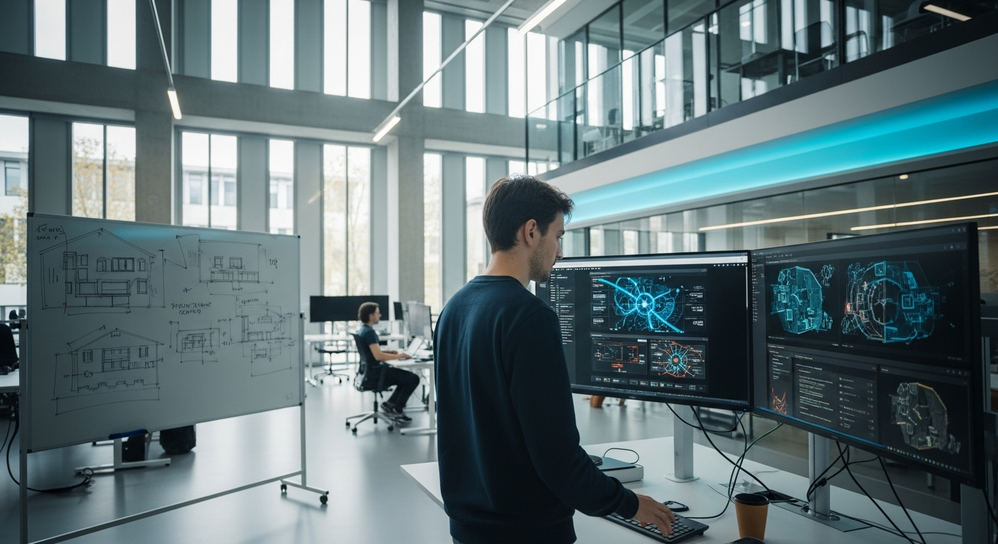 A wide-angle editorial photograph inside a contemporary European AI research facility, showing a developer reviewing AI-generated infographics and structured visual content on a large monitor. Natural