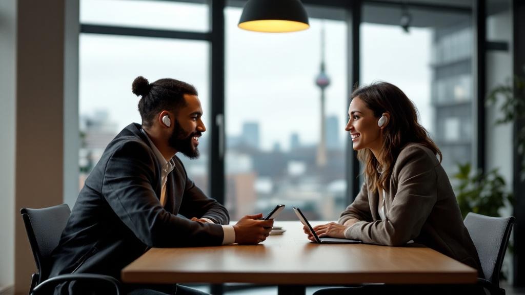 Editorial photograph taken inside a contemporary European co-working space, two professionals of different ethnicities seated across a table wearing wireless earbuds and speaking to each other natural