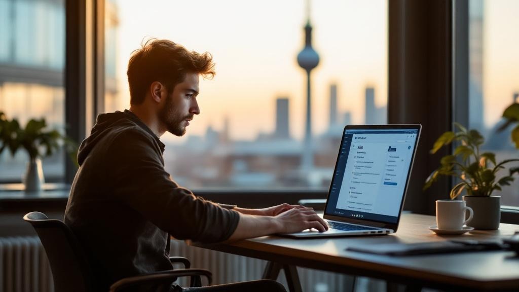 Editorial photograph taken inside a modern co-working space in Berlin, with the Berlin TV tower visible through a floor-to-ceiling window in the background. A young professional sits at a standing des