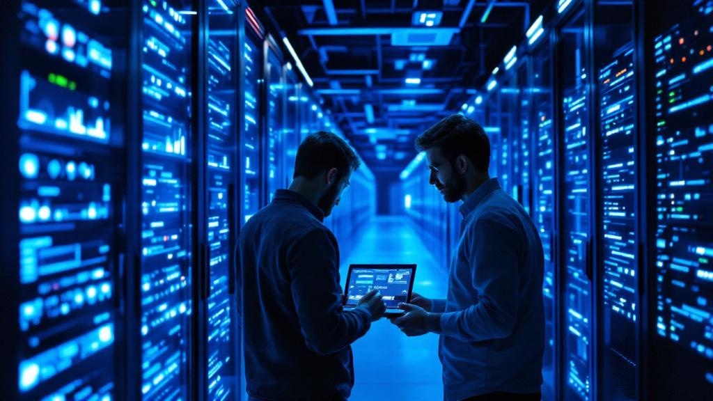 A wide-angle editorial photograph taken inside a European high-performance computing facility, showing rows of illuminated server racks in a cool blue light. In the foreground, two researchers in casu