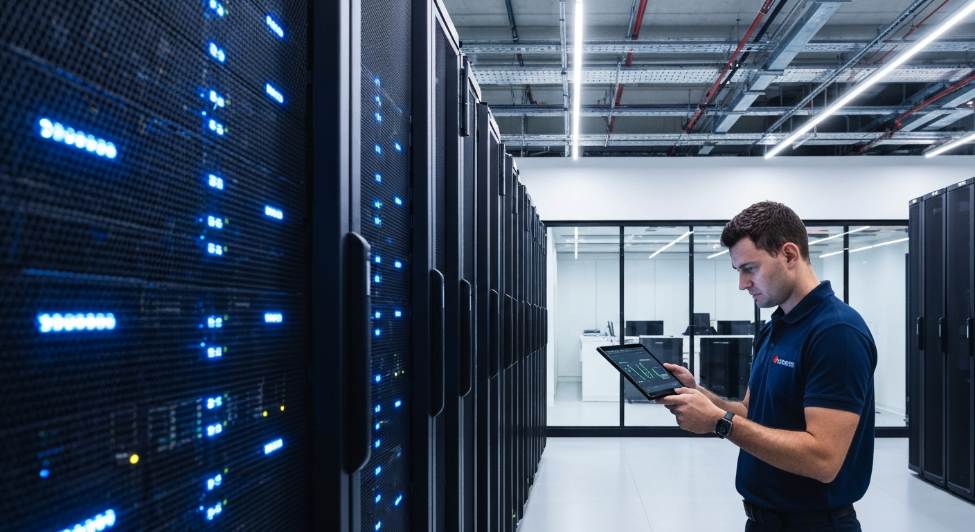 An engineer in a modern European data centre, dressed in professional workwear, reviews comparative performance dashboards on dual monitors showing parameter-count graphs and inference-latency metrics