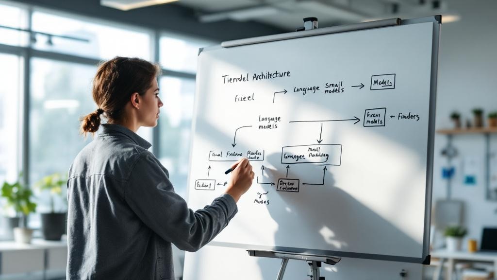 A researcher at a whiteboard inside a contemporary university AI lab, styled after ETH Zurich or a Paris-based research institute, sketching a tiered model architecture diagram showing small language 