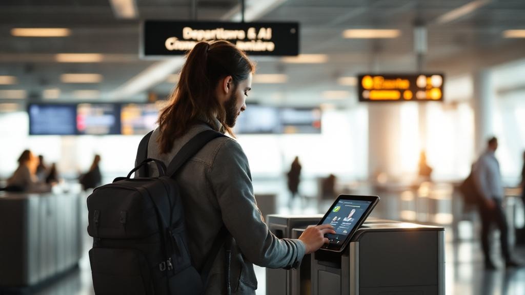 Editorial photograph taken inside a modern European airport terminal, showing a traveller using a biometric e-gate, soft overhead lighting, clean architectural lines. Secondary background detail shows