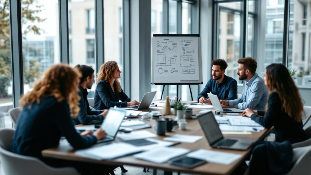Editorial photograph of a policy workshop setting inside a contemporary European government or institutional building: a small group of professionals, mixed gender and ethnicity, seated around a recta