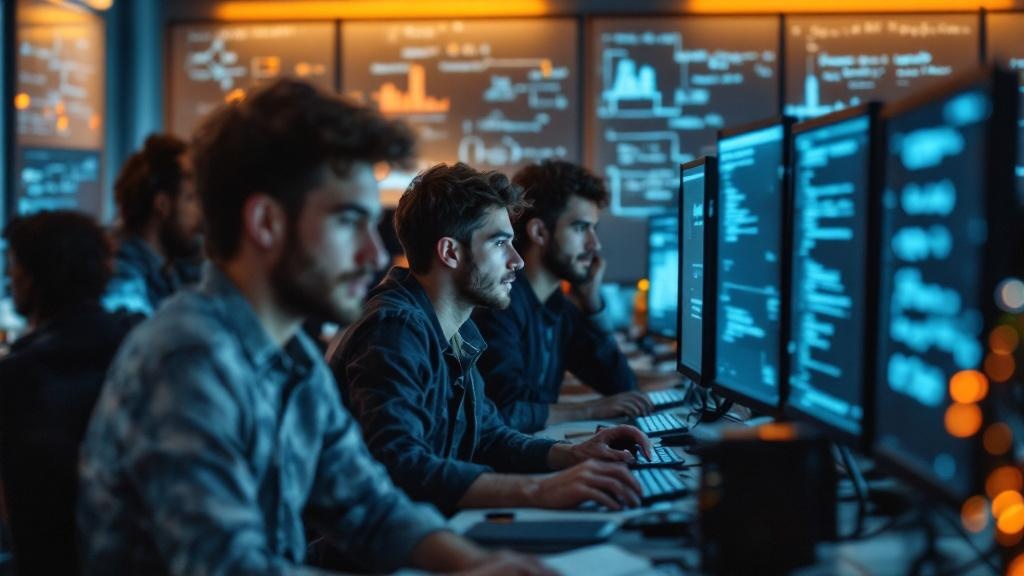 Close editorial photograph of a European university computer science laboratory: several young researchers working at workstations running code, with whiteboards behind them showing mathematical notat