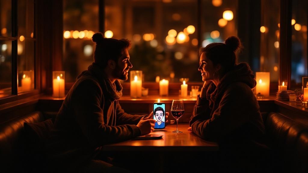 Editorial photograph taken inside a warmly lit Sodermalm wine bar in Stockholm on a winter evening. Two people sit across a small wooden table, one holding a phone displaying a colourful AI-generated 