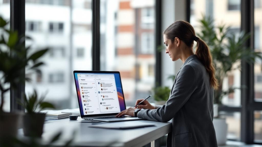 A clean, well-lit photograph of a professional at a standing desk in a modern European co-working space, with a laptop screen showing an organised interface of chat threads. Natural light filters thro