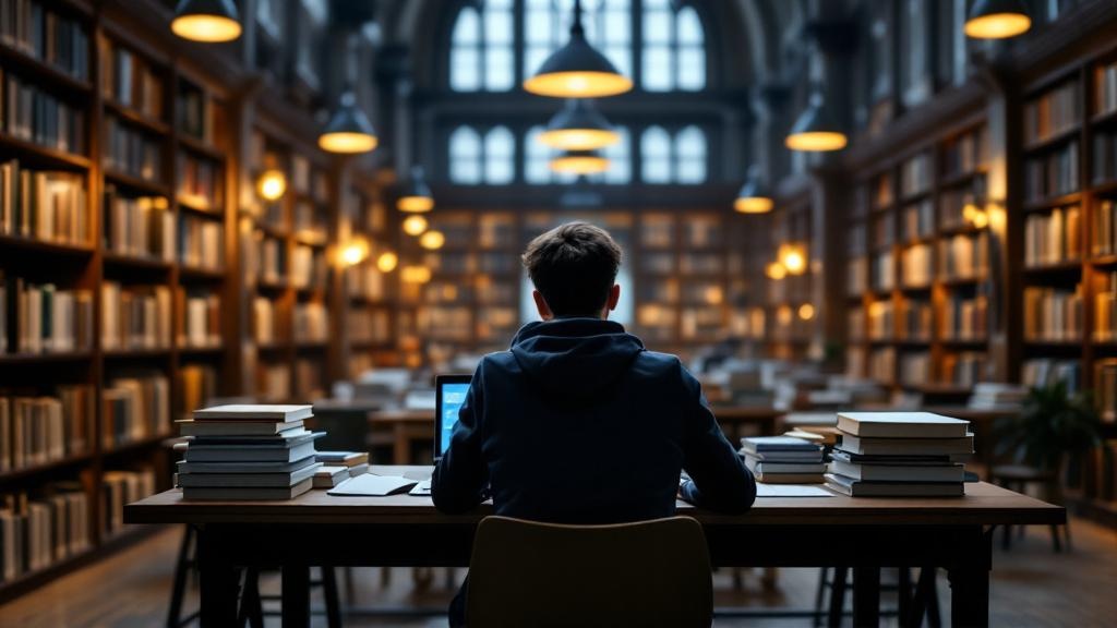 Editorial photograph taken inside a modern European university library, such as the Delft University of Technology reading room or the Bodleian Libraries in Oxford. A student sits at a wooden desk wit