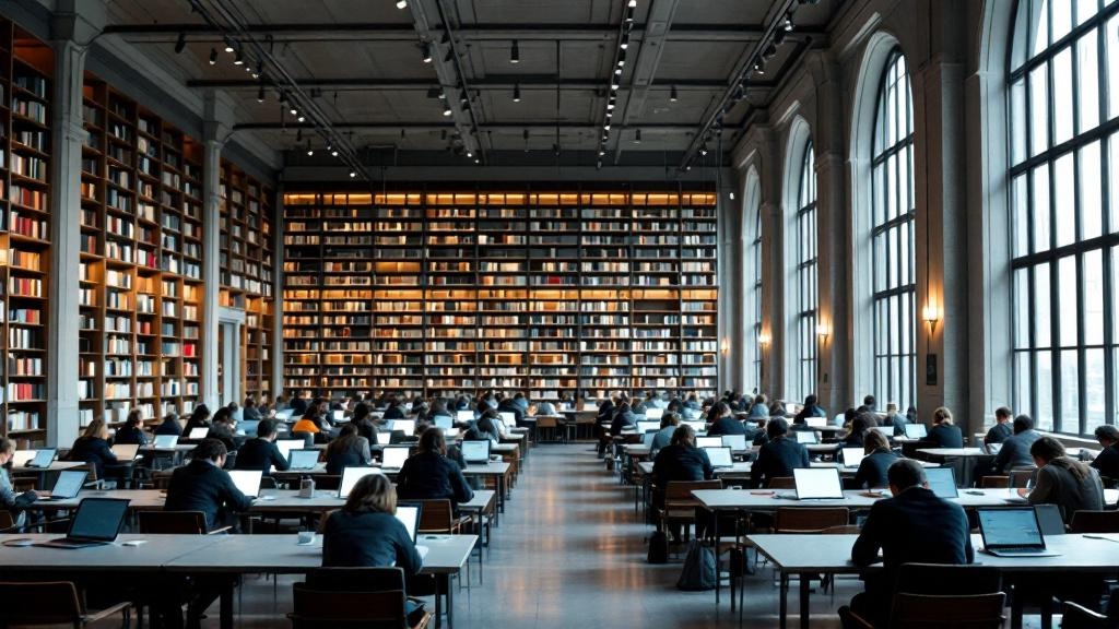 A wide editorial photograph taken inside a modern European university library, rows of students at laptops, bookshelves and large windows in the background suggesting an ETH Zurich or Sorbonne reading
