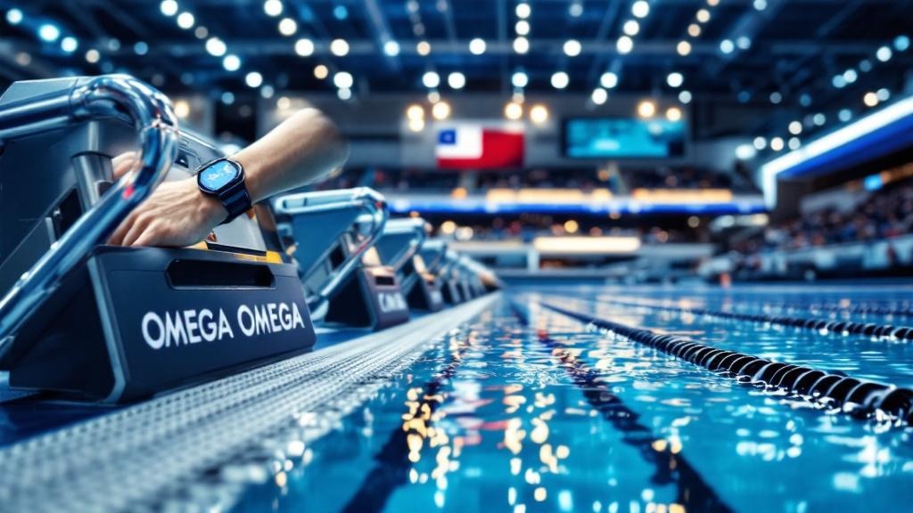 A wide-angle editorial photograph taken inside a modern Olympic-standard swimming venue, showing lane-end electronic touch boards and timing equipment bearing the Omega logo. Soft overhead lighting re