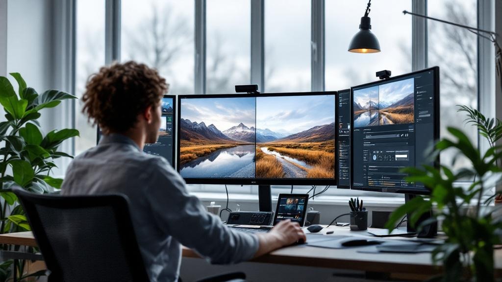 A wide-angle editorial photograph taken inside a modern European creative studio, showing a designer working at a large monitor displaying a split-screen comparison of AI-generated image edits. Natura
