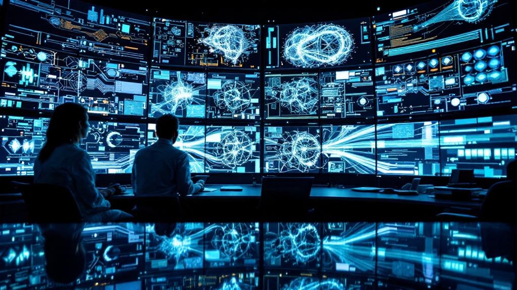 A wide-angle editorial photograph inside a modern European AI research facility, such as the ELLIS Institute or an ETH Zurich computing lab, showing researchers examining multi-screen visualisations o