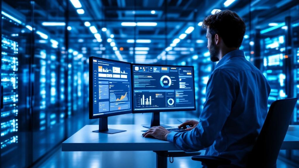 A software engineer at a standing desk inside a modern European data centre, reviewing model evaluation dashboards on dual monitors. Rows of GPU servers visible through a glass partition behind them. 
