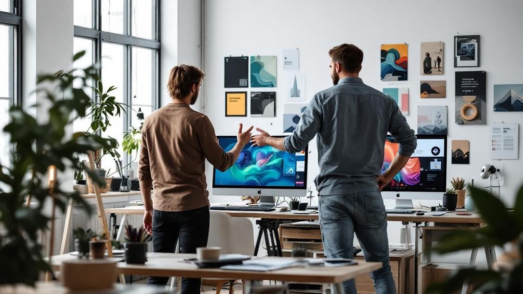 A wide editorial photograph taken inside a contemporary Warsaw or Krakow design studio, showing two designers at standing desks reviewing AI-generated brand identity concepts on large calibrated monit