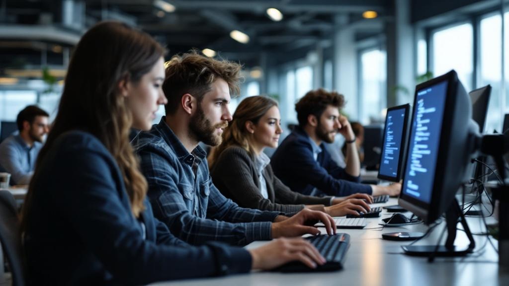 A wide-angle editorial photograph taken inside a modern European university computer lab, possibly at ETH Zurich or a UCL faculty building, showing a diverse group of professionals in their thirties a