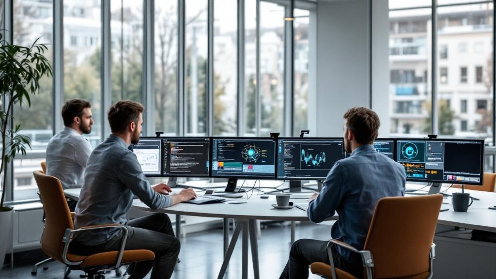 A wide-angle editorial photograph inside a modern European university AI research lab, suggestive of ETH Zurich or a comparable institution. Three professionals of varied ages sit around a curved desk