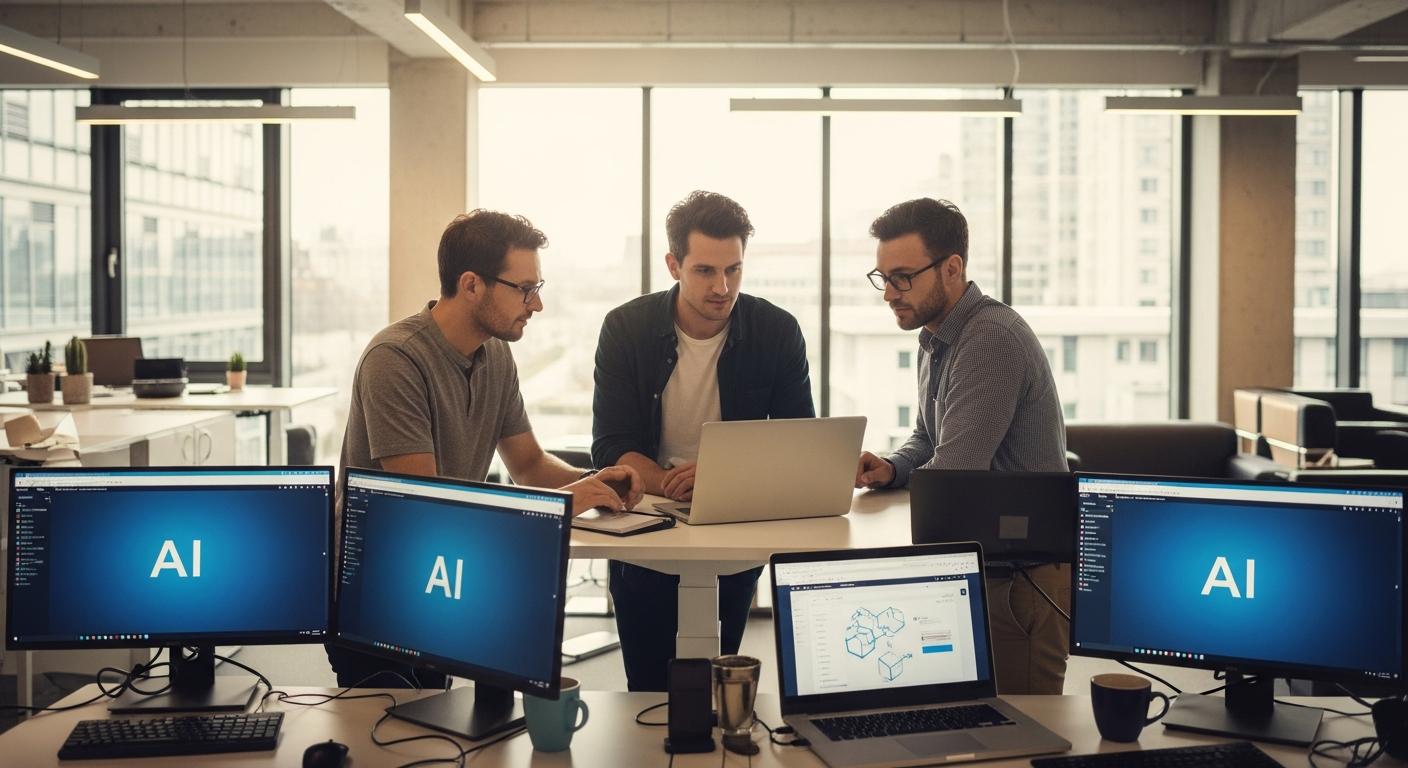A wide-angle editorial photograph taken inside a modern European open-plan office, natural daylight streaming through floor-to-ceiling windows. A small team of three professionals, diverse in age and 