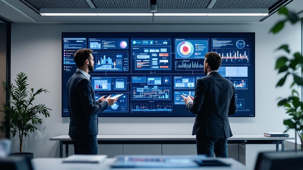 Wide editorial shot of a collaborative workspace at ETH Zurich or a similar European research institution, showing two colleagues examining a large wall-mounted display of data visualisations and AI w
