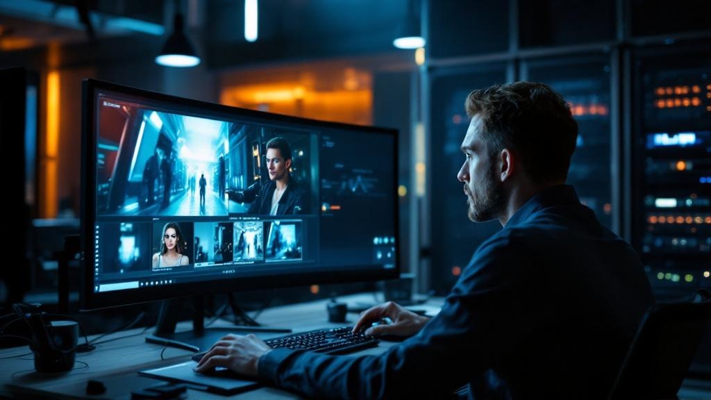 Editorial photograph taken inside a contemporary European film post-production facility, showing a visual effects supervisor reviewing side-by-side footage comparisons on a large colour-graded monitor