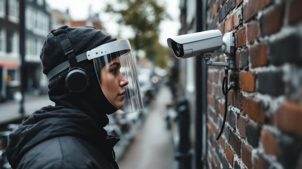Editorial photograph taken in an Amsterdam street-level setting: a person wearing a curved transparent plastic face shield looks directly into a security camera mounted on a brick wall, the canal and 