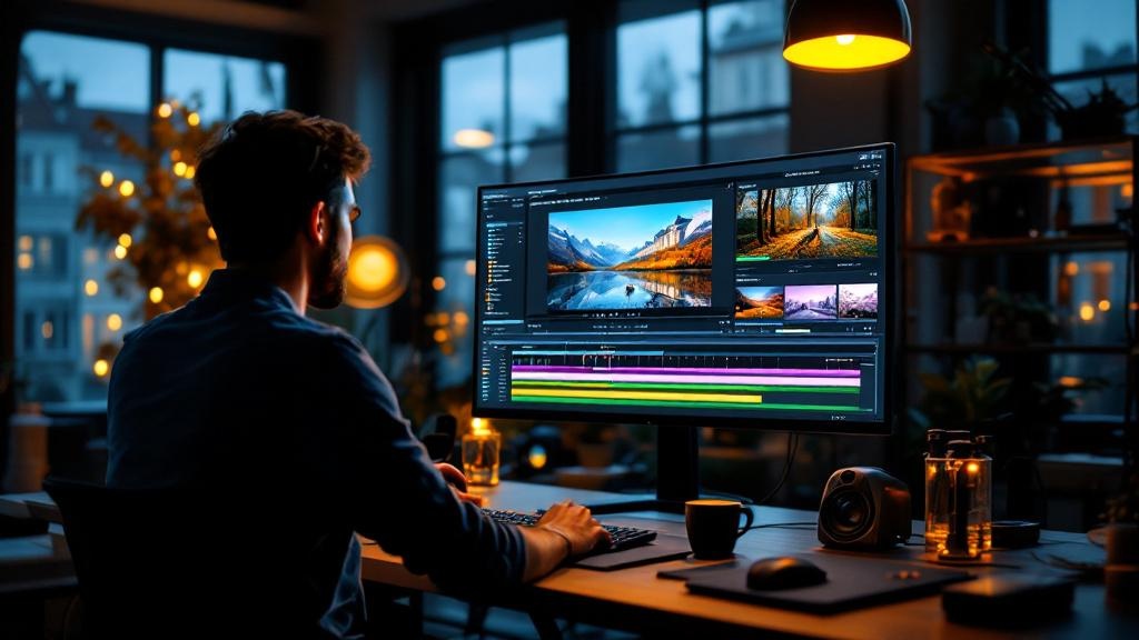 A wide-angle shot inside a modern European post-production studio, warm overhead lighting illuminating a colour-graded timeline on a large monitor. A video editor in their thirties reviews AI-generate