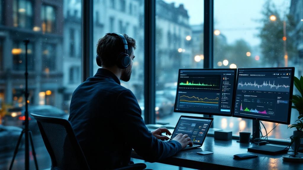 A journalist wearing headphones reviews AI-generated audio waveforms on a laptop screen inside a modern European newsroom, with floor-to-ceiling windows overlooking a rain-slicked city street. A secon