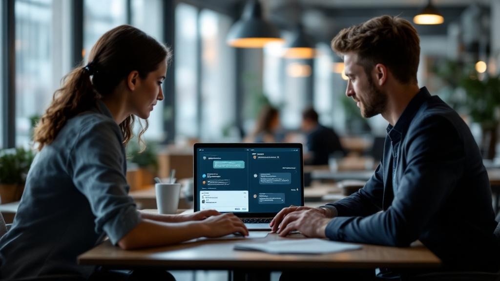 A wide-angle editorial photograph taken inside a modern European open-plan office, likely in Berlin or Amsterdam, showing two professionals seated at a desk reviewing a laptop screen displaying a Chat