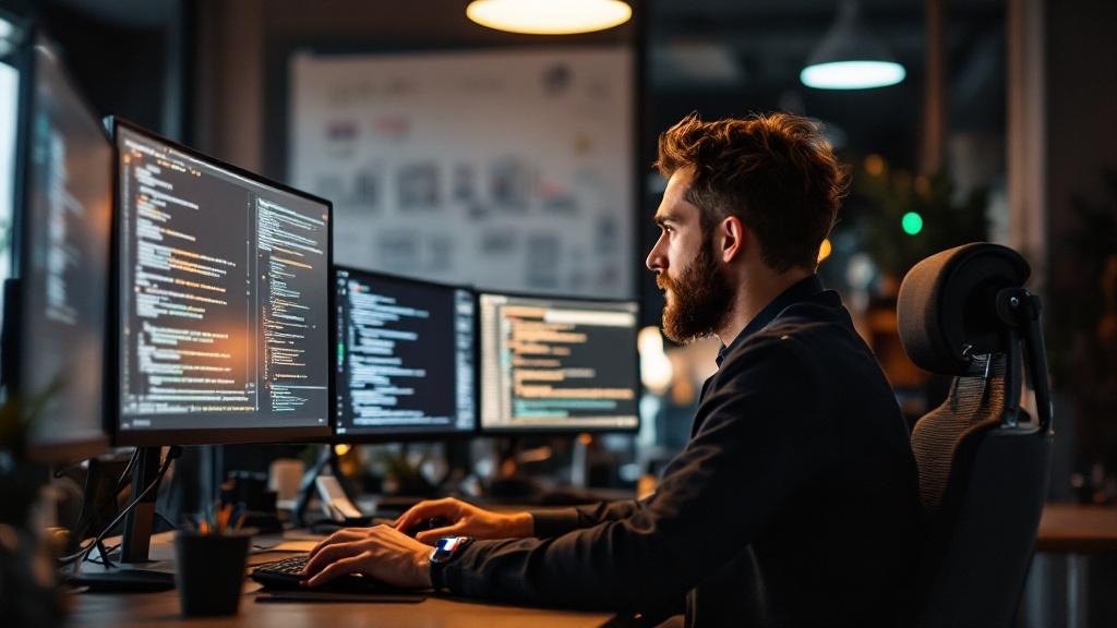 Editorial photograph taken inside a modern Paris technology office, showing a developer at a workstation with multiple screens displaying code and AI model output. Warm overhead lighting, a whiteboard