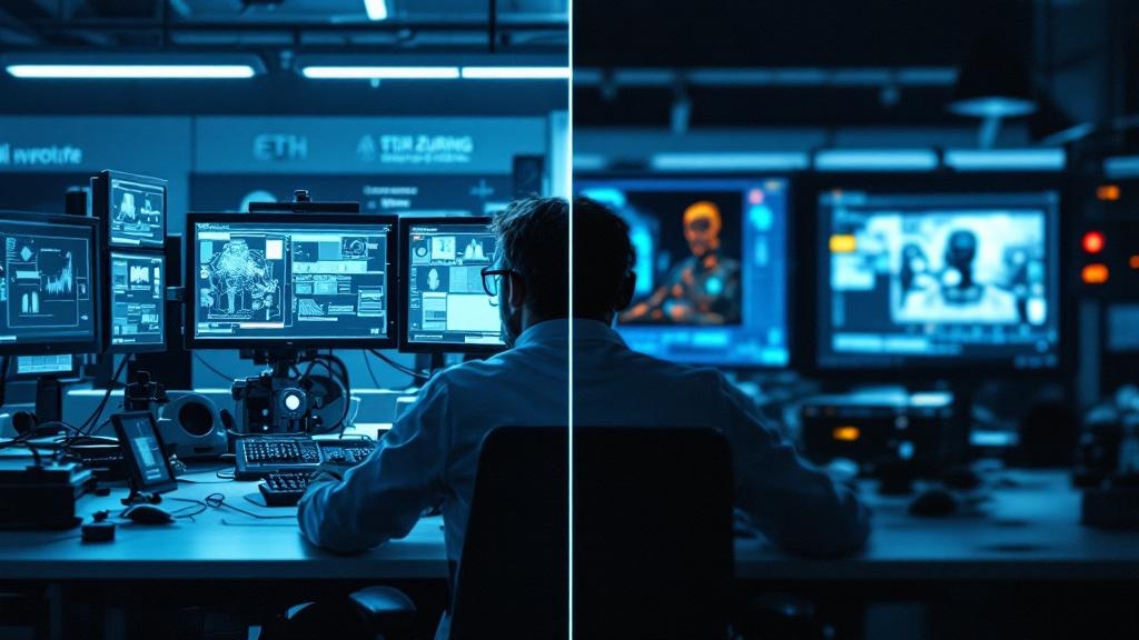 A split-screen editorial photograph: on the left, a researcher at a workstation inside a modern European AI safety lab, screens showing neural network diagrams and evaluation dashboards, with the ETH 
