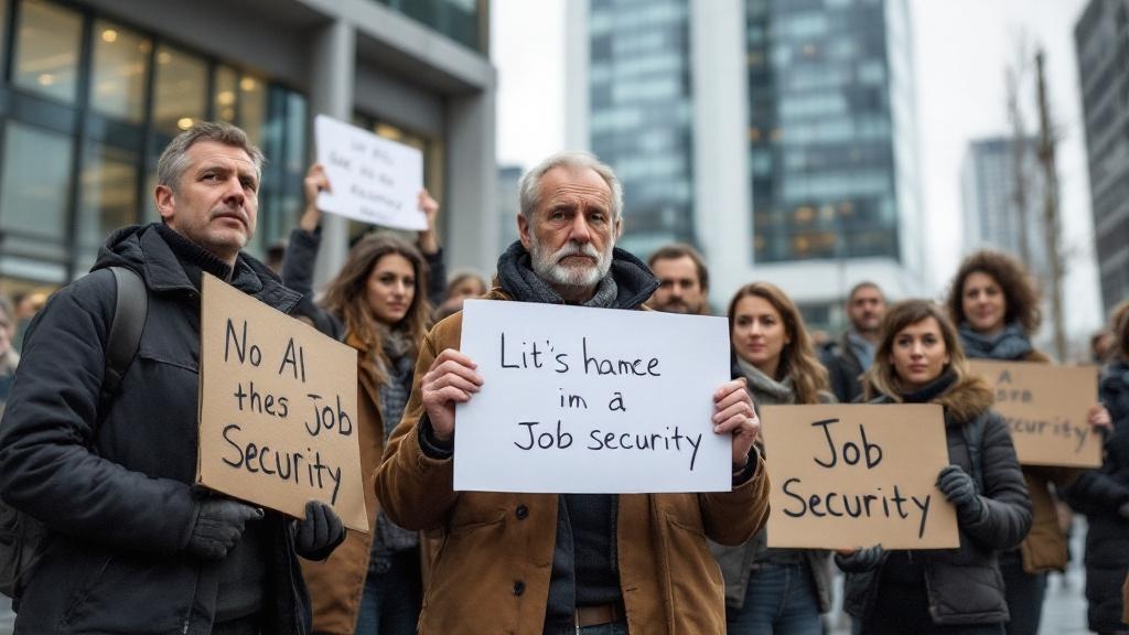 Editorial photograph taken outside a European civic building, showing a mixed-age group of office workers and creative professionals holding handwritten placards expressing concern about AI and job se